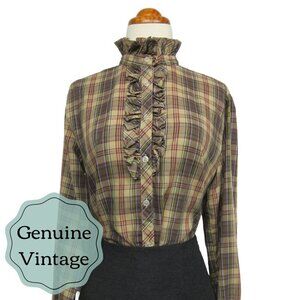 Vintage Plaid Button Blouse - 80's Ruffled Shirt - High Neck Top - Secretary S M